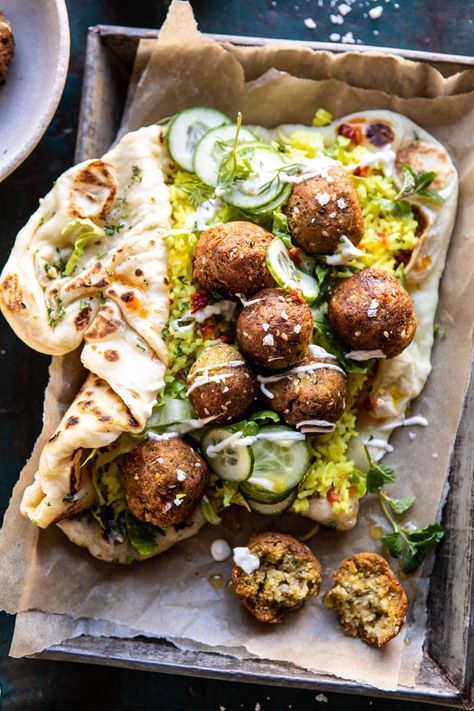 Falafel Naan Wraps with Golden Rice and Special Sauce | halfbakedharvest.com #falafel #wraps #middleeastern #vegan Falafel Wraps, Naan Wraps, Arabisk Mad, Golden Rice, Falafels, Special Sauce, Half Baked Harvest, Idee Pasto Sano, Kebabs