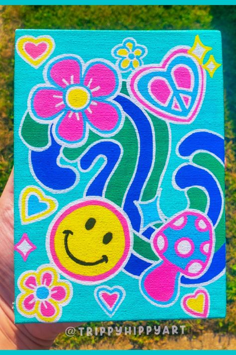 Painted Smiley Face, Trippy Smiley Painting, Groovy Acrylic Painting, Groovy Art Painting, Trippy Canvas Painting Ideas Creative, Groovy Paintings Ideas, Acrylic Painting Ideas On Canvas Aesthetic, Groovy Paintings, Smiley Painting