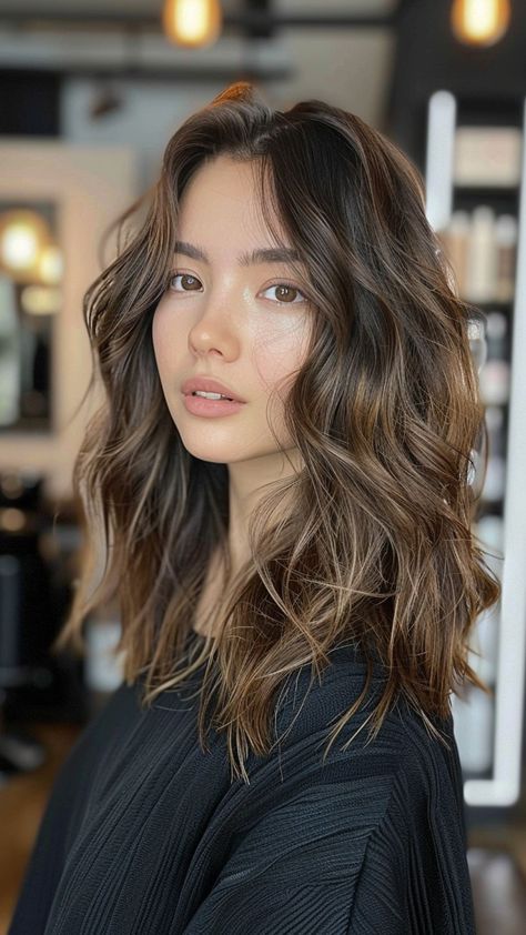 30 Balayage Hair Color Concepts for a Fresh New Look Haircut For Long Length Hair, Balayage Hair On Dark Hair, Medium Length Hairstyles For Thick Hair, Hair Color For Morena Skin Filipina, Half Balayage, Dark Brown Hair With Dimension, Layered Haircuts For Wavy Hair, Brown Balayage On Black Hair, Trendy Balayage