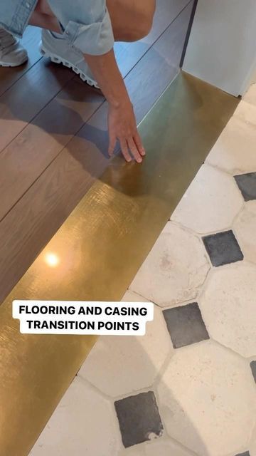 Brass Floor Transition Strip, Limestone To Wood Floor Transition, Gold Floor Transition Strip, Floor Transition Ideas Wood To Tile, Transition Flooring Between Rooms, Erin Stetzer Homes, Wood To Tile Transition, Floor Transition Ideas Uneven, Entry Flooring Ideas