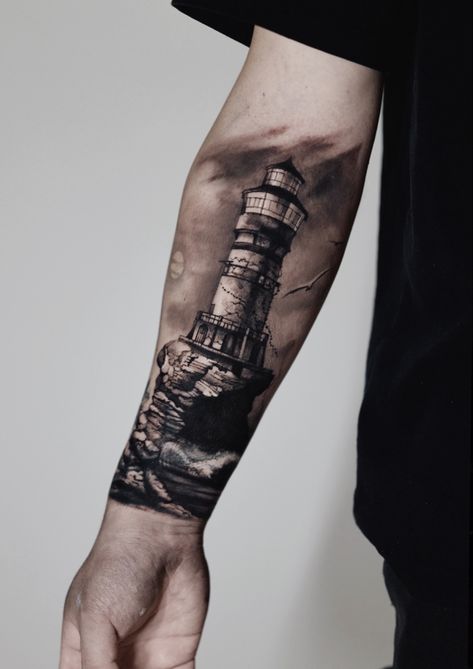 Lighthouse tattoo Black And Gray Lighthouse Tattoo, Lighthouse Cover Up Tattoo, Lighthouse Tattoos Men, Lighthouse Tattoo Men Forearm, Montauk Lighthouse Tattoo, Lighthouse Forearm Tattoo, Lighthouse Compass Tattoo, Nautical Tattoo Sleeve For Women, Cracking Tattoo