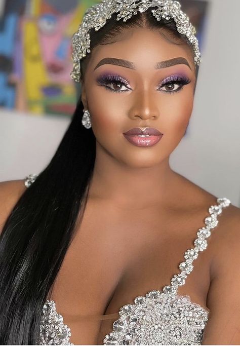 Purple Bridal Makeup Black Women, Wedding Make Up For Black Women, Makeup Looks For A Purple Dress, Makeup Ideas For Wedding Bridal, Black Bride Makeup Wedding Glam, Purple Bridal Makeup For Brown Eyes, Bridal Makeup For Black Women Wedding, Bridal Makeup Brown Skin, Bridal Makeup Black Women