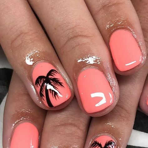 Palm Tree Nail Designs Beach, Hawaiian Nail Art Tropical, Caribbean Holiday Nails, Hawaii Dip Nails, Hawaiian Theme Nails, Orange Beach Nails, Palm Tree Nails Design, Beach Gel Nails, Vaca Nails