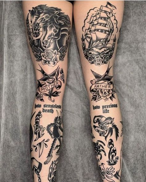 Tattooed Bodies, Traditional Thigh Tattoo, Traditional Tattoo Leg Sleeve, Old School Tattoo Sleeve, Back Of Thigh Tattoo, Thigh Tattoo Men, Tattoo Pierna, Tattoo 2023, Stomach Tattoos Women