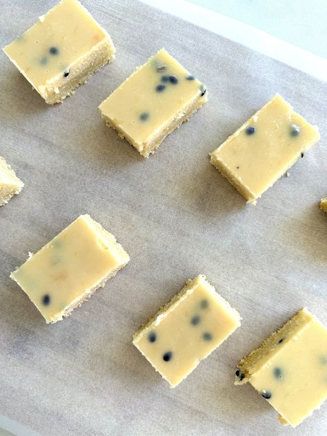 PASSIONFRUIT & LEMON SLICE — Wholesome by Sarah Passionfruit Bars, Passionfruit Slice, Sweet Slices, Tray Bake, Lemon Rind, Fruit Slice, Lemon Slice, Fruit Tray, Brownie Cookies