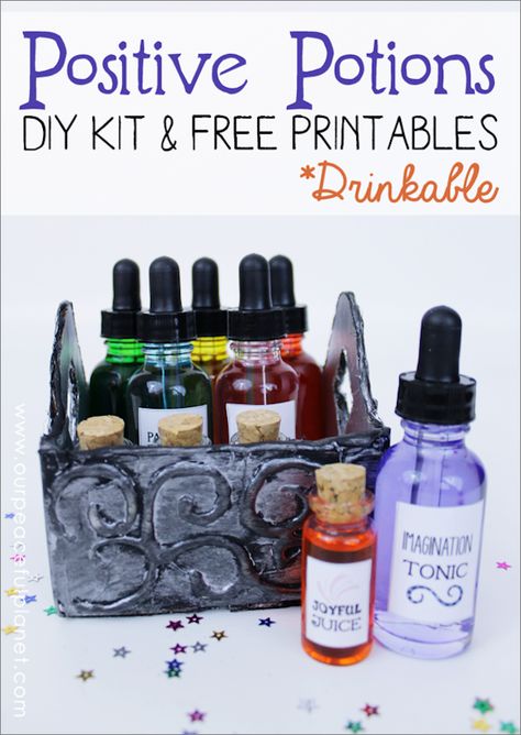 The power of imagination is undeniable. Make a Positive Potions Kit to inspire your kids. 25 free printable labels and instructions. (Fun for adults too!) Potions For Kids, Halloween Kita, Potions Recipes, Magic Potions, Potion Labels, Cinnamon Oil, Diy Pantry, Labels Printables Free, Can Drink