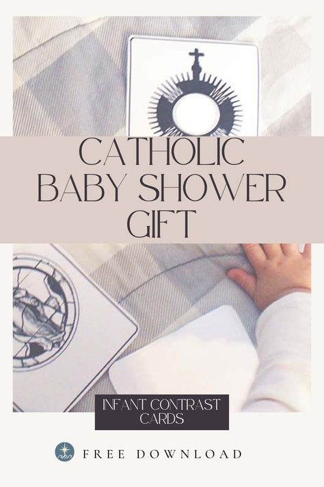 Perfect for spring, summer, winter, or fall baby showers! These Catholic themed Infant Contrast Cards are black and white cards ready to help new born baby strengthen their sight on what matters most, Jesus! Print them out for free and gift them to the new mommy to be! #Catholic #baby #free #Christian #Infant #Contrast cards #motherhood #baby shower gift Catholic Baby Shower Ideas, Black And White Cards, Contrast Images, Baby Vision, Montessori Art, High Contrast Images, New Mommy, White Cards, Mommy To Be