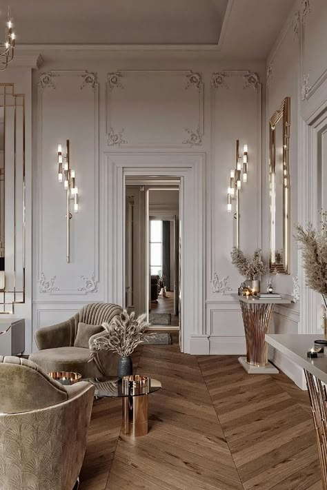 two velvet brown armcahirs and a majestic gold console in a master bedroom Classic Interior Design Luxury, Neoclassical Interior, Modern Luxury Bedroom, Classic Interior Design, Dream House Interior, Classic Interior, Ideas Home, Luxurious Bedrooms, Decoration Design