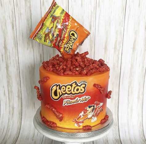 Hot Cheetos Cake Ideas, Hot Cheetos Birthday Cake, Hot Cheetos Cake, Bigback Food, Weird Cakes, Crazy Birthday Cakes, Crazy Birthday, Hot Chips, Chester Cheetah