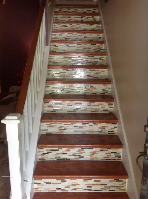 We used glass back splash tiling for the kick plate for our stairs. We used clear liquid nails to ad hear to the kick plate. Then used glass grout to finish it off. Stair Kick Plate Ideas, Kick Plate Ideas, Glass Back Splash, Tiles For Stairs, Tuscan Home Decor Ideas, Home Entry Way, Pine Stair Treads, Redo Stairs, Plate Ideas