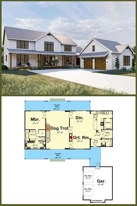 Smart House Plans - 3,379 Sq Ft 2-Story 5-Bedroom Modern Farmhouse. Check out the plan: https://buff.ly/3s8l3aJ | Facebook Smart House Plans, Board And Batten Exterior, Courtyard Entry, Garage Floor Plans, Modern Farmhouse Living, Classic Farmhouse, Bedroom Farmhouse, Contemporary Farmhouse, Garage Floor