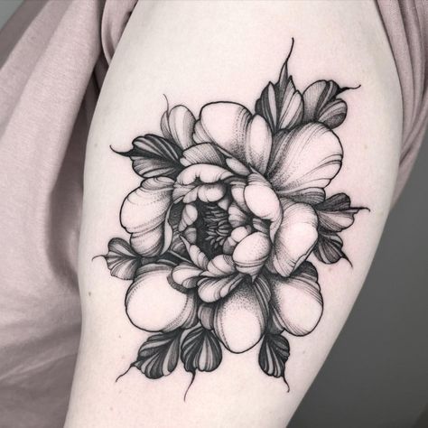 Large Peony Tattoo Design, Black Work Peony Tattoo, Unique Flowers Tattoo, Dark Peony Tattoo, Neotraditional Peony Tattoo, Peony Neck Tattoo, Neo Traditional Black And Grey, Black And Grey Flower Tattoo, Dark Flower Tattoo