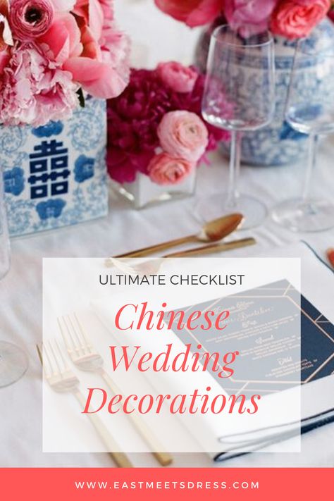 Get inspired by these 15 decoration ideas for your modern or traditional Chinese wedding banquet. Find out where to buy Chinese wedding decorations for your wedding in this ultimate guide. Chinoiserie Wedding Backdrop, Chinese Theme Wedding, Chinese Wedding Banquet, Wedding Decoration Checklist, Chinese Style Wedding Dress, Red Chinese Wedding Dress, Chinese Wedding Favors, Chinese Wedding Tea Ceremony, Chinese Celebrations