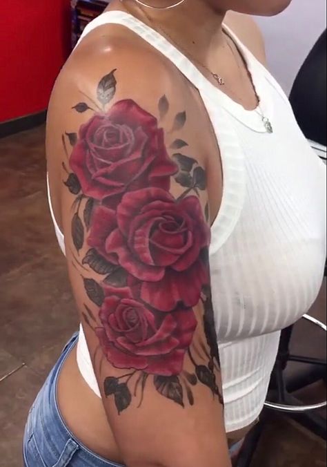 Black And Red Tattoos For Women Arm, Rose On Shoulder Tattoo For Women, Red Rose Sleeve Tattoo, Rose Tattoo Black Women, Thigh Tattoos Black Women Roses, Tattoo Ideas Female Roses Arm, Women Tattoos Roses, Rose Tattoos For Black Women, Rose Tattoo On Shoulder Black Women