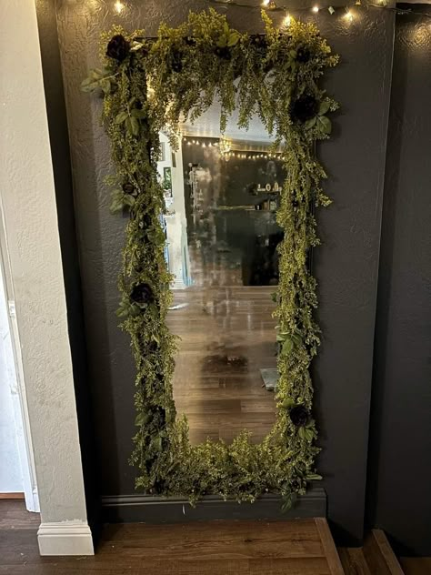 Witchy Hallway Decor, Hallway With Mirror Ideas, Witchy Hallway, Mirrors Facing Each Other, Full Length Mirror Decor Ideas, Lash Studio Ideas, Forest Mirror, Gallery Wall Stairs, Gothic Gallery Wall