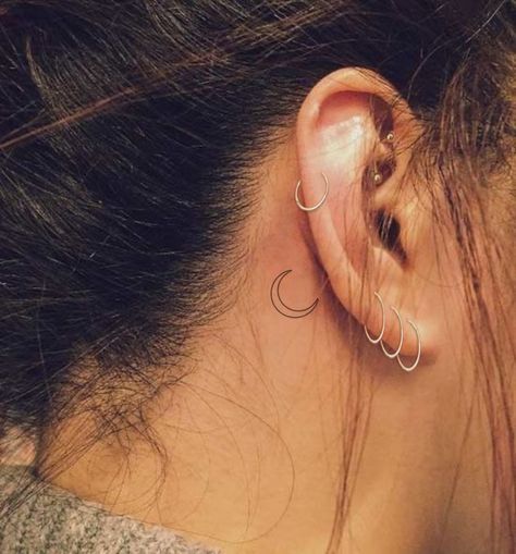 Small Moon Tattoo Behind Ear, Behind Ear Tattoo Small Simple, Behind The Ear Sun Tattoo, Moon Tattoo Ear, Ear Tattoo Moon, Sun Tattoo Behind Ear, Moon Behind Ear Tattoo, Moon Tattoo Behind Ear, Moon Tattoo Minimalist