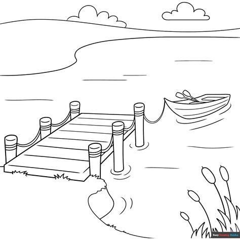 Free Dock Coloring Page for Kids Scenery Drawing For Kids, Printable Coloring Sheets, Coloring Tutorial, Drawing Tutorial Easy, Guided Drawing, Free Printable Coloring, Free Printable Coloring Pages, Stencil Painting, Kids Entertainment