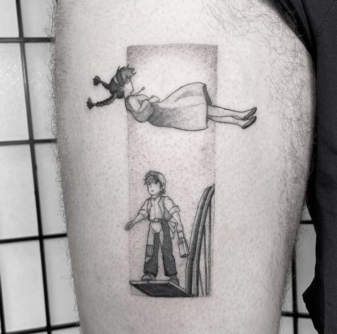 Anime tattoo Laputa Castle In The Sky Tattoo, Laputa Tattoo, Castle In The Sky Tattoo, Ghibli Tattoos, Laputa Castle In The Sky, Sky Tattoo, Sky Tattoos, Studio Ghibli Tattoo, Tattoo Time