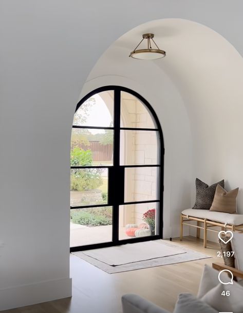 Arched Double Door Exterior, Black Arch Window, Arched Exterior Doors, Mallorca House, Arched Entry Doors, Window Arch, Crittal Doors, Arch Windows, Arched Front Door