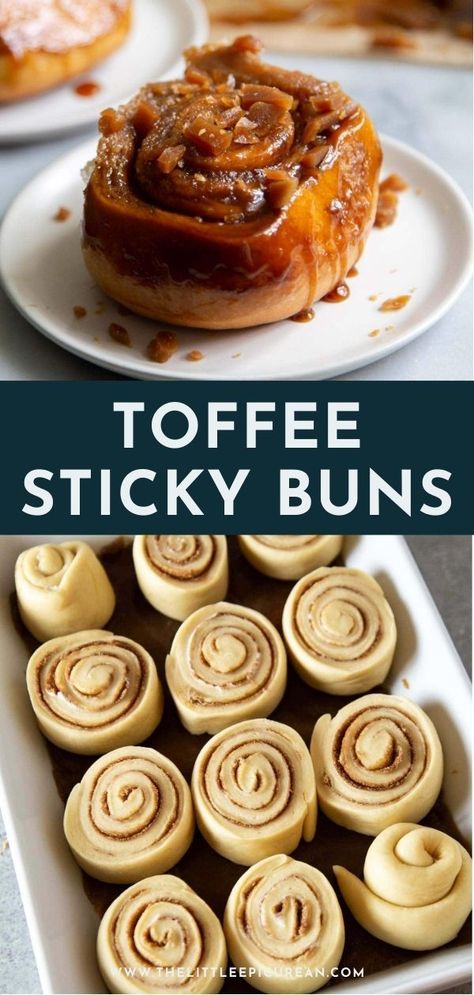 Toffee Sticky Buns are filling with cinnamon sugar, coated with a sweet molasses glaze, and topped with homemade chopped toffee bits! Perfect for #Brunch and satisfying your #SweetTooth cravings. Sticky Toffee Sweet Rolls, Molasses Glaze, Cake Recipes No Bake, Toffee Dessert, Easy Baking Recipe, Coffee Perfume, Cinnamon Sticky Buns, Toffee Bark, Birthday Cake Recipes