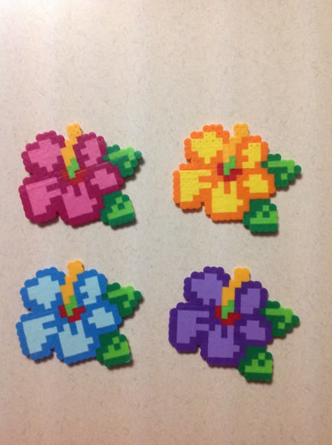 Tropical Flower Coasters. Set of 4. Handmade. 2.5"x2.5" Hawaiian Flower Perler Beads, Summer Perler Beads, Perler Beads Summer, Summer Perler Bead Patterns, Flower Perler Bead Patterns, Lilo And Stitch Flower, Melty Bead Designs, Easy Perler Bead Patterns, Flower Coasters