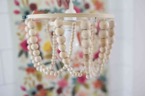 Diy Wood Bead Light Fixture, Chandelier Making, Dollhouse Lights, Beaded Light Fixture, Dollhouse Chandelier, Large Embroidery Hoop, Dollhouse Makeover, Wood Bead Chandelier, Dollhouse Lighting