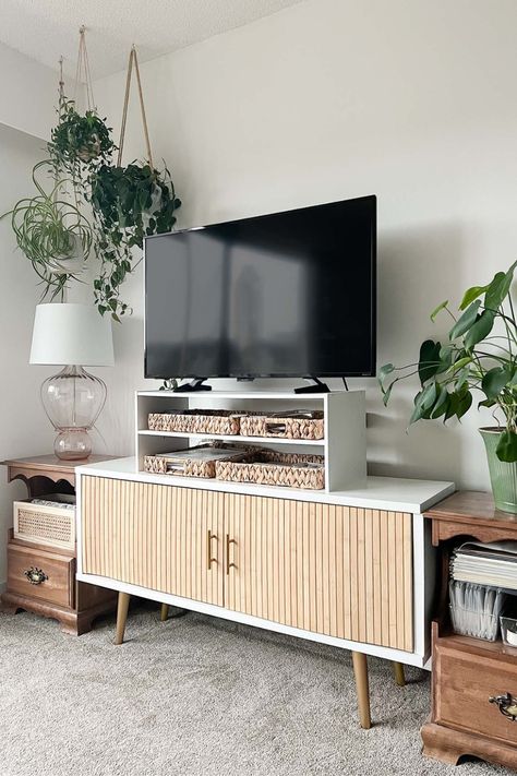 Tv Stand On Carpet, Pole Wrap Tv Stand, Cute White Tv Stand, Dresser Tv Stand Diy, Ikea Armrest Tray Hack, Diy Small Tv Stand, Tv Table Diy, Modern Tv Stand Diy, Tv Unit Diy