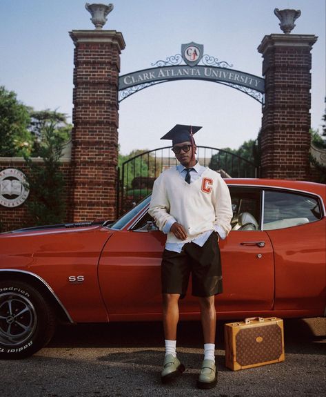 Clark Atlanta Graduation Pictures, Morehouse College Aesthetic, Hbcu Graduation Pictures Men, Hbcu Grad Pics, Clark Atlanta University Photoshoot, Car Graduation Pictures, Grad Pics Men, Graduation Photoshoot Ideas Men, Men’s Graduation Photoshoot