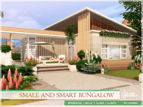 Sims 4 Family Bungalow, Small Base Game House Sims 4, Sims 4 Bungalow, Sims 4 Cottage Living Tiny House, Sims 4 San Myshuno House, Sims 4 Oasis Springs Tiny House, Industrial Cafe, Bungalow Homes, Sims 4 House Design