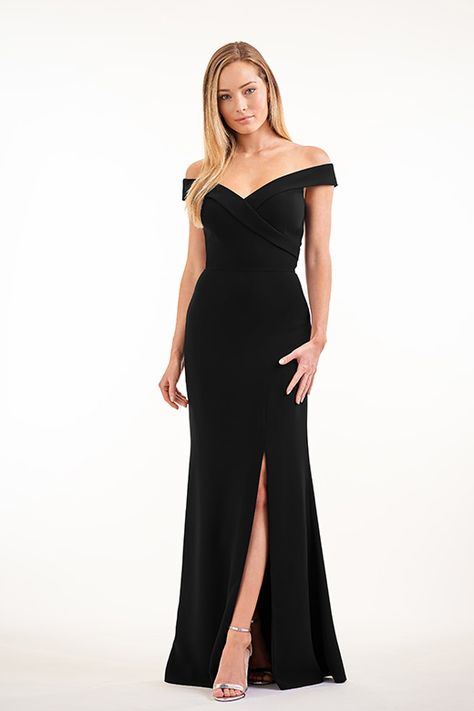 P226009 Simple Soft Crepe Long Bridesmaid Dress with Portrait Neckline Jade Couture, Bridesmaids Spring, Portrait Neckline, Fit And Flare Skirt, Long Bridesmaid Dress, Black Wedding, Couture Collection, Wedding Party Dresses, Flare Skirt