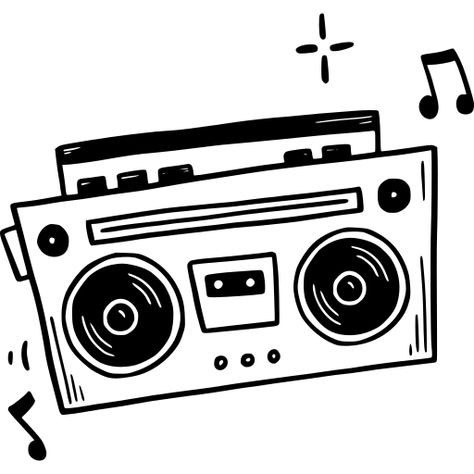 Cartoon Boombox Drawing, Boom Box Drawing, Boom Box Tattoo, Boombox Drawing, Boombox Art, Bullet Journel, Box Sticker, Black And White Stickers, Web Fonts