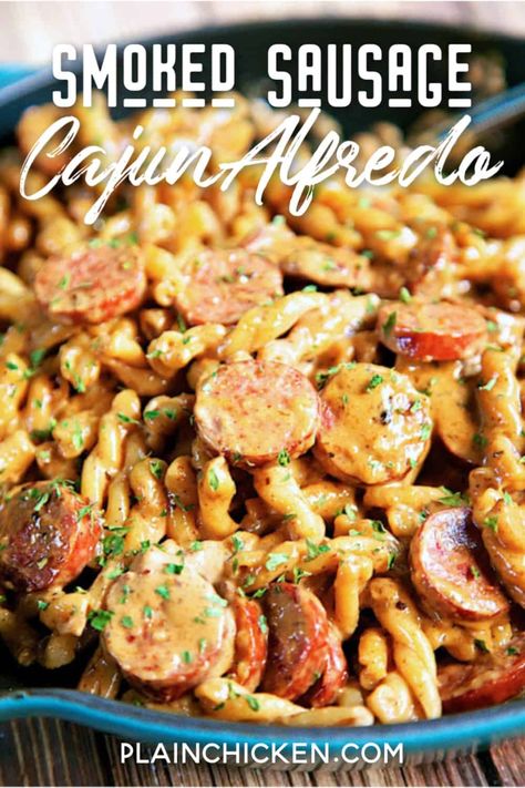 Mardi Gras Food Ideas Cajun Recipes, Cajun Kielbasa Pasta, Pasta With Kielbasa, Smoked Sausage Cajun Alfredo, Alfredo Dinner, Cajun Alfredo, Sausage And Pasta, Pasta Cajun, Chicken Lazone