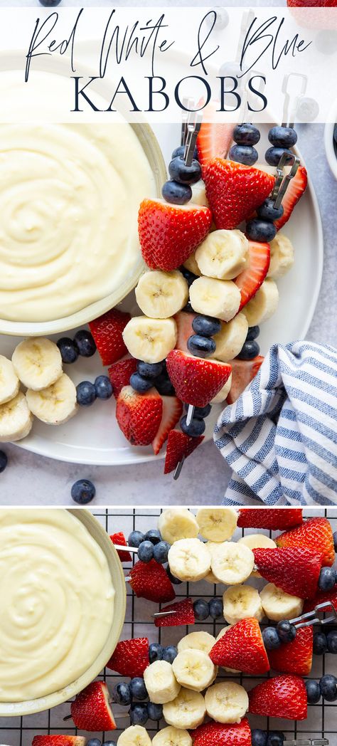 These fruity red white and blue kabobs are sure to be the hit any 4th of July or Memorial Day cookout! Paired with a creamy vanilla pudding dip, they're absolutely irresistible. Fourth Of July Cold Dips, Red White And Blue Kabobs, 4th Of July Fruit Dip, 4th Of July Kabobs, Vanilla Pudding Dip, 4th Of July Dips, Healthy 4th Of July Food, Pudding Dip, Memorial Day Cookout