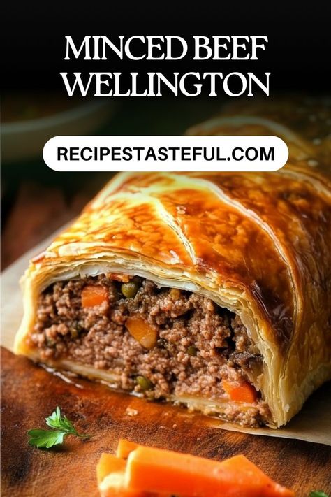 This easy and comforting Minced Beef Wellington combines minced beef with a flavorful mix of vegetables and herbs, all wrapped in flaky puff pastry. Perfect for family dinners or special occasions! Best Beef Wellington Recipe, Minced Beef Recipes Easy, Easy Beef Wellington, Puff Pastry Recipes Savory, Minced Beef Recipes, Beef Wellington Recipe, Minced Beef, Around The World Food, Savory Dinner