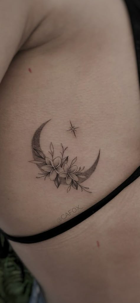 Moon And Flower Tattoo Shoulder, Womens Moon Tattoos, Floral Moon And Stars Tattoo, Pretty Moon Tattoos For Women, Moon Stars And Flowers Tattoo, Moon Lavender Tattoo, Feminine Moon Tattoo Designs, Moon And Stars Rib Tattoo, Flower Crescent Moon Tattoo