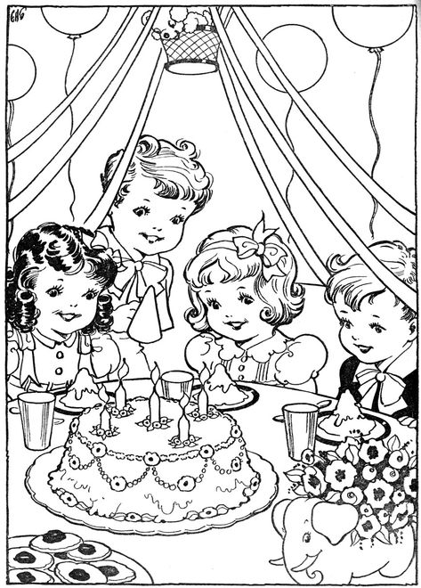 Tea party. Vintage Birthday Parties, Kids Colouring, Vintage Coloring Books, Colorful Birthday Party, Birthday Coloring Pages, Vintage Birthday, Painted Books, Digi Stamps, Vintage Embroidery