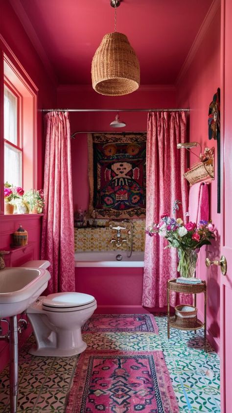 Anthropologie Bathroom Inspiration, Kitschy Bathroom, Ecclectic Bathroom, Magenta Bathroom, Bathroom Maximalist, Colorful Boho Bathroom, Boho Chic Bathroom Decor, Hot Pink Bathroom, Boho Bathroom Decor Ideas