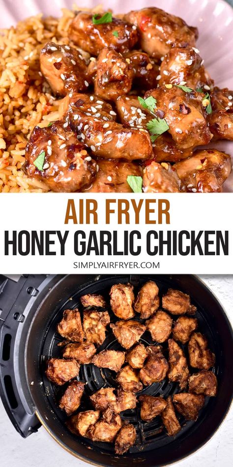 Want to make delicious Air Fryer Honey Garlic Chicken? This easy recipe makes a flavorful chicken dish that pairs well with rice! Air Fryer Chicken Dinner, Air Fryer Honey Garlic Chicken, Easy Air Fryer Chicken, Crispy Honey Chicken, Garlic Chicken Recipe, Garlic Chicken Recipes, Air Fry Recipes, Air Fried Chicken, Air Fryer Recipes Chicken