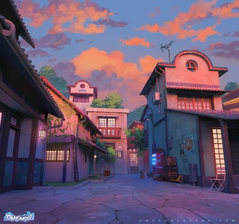 ArtStation - Danghost : Twilight Street Adobe Brick, Paris Games Week, Game Level Design, Animation Storyboard, Game Background, Matte Painting, New Environment, Weird Creatures, Visual Development