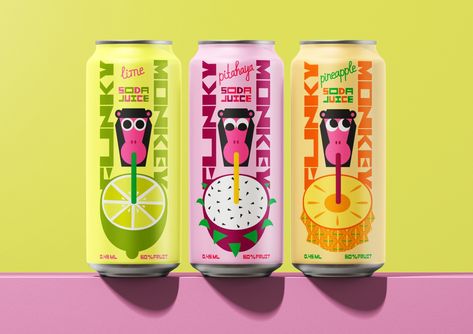 Student Concept Brand and Packaging Design for Soda Funky Monkey by Polina Barashkova - World Brand Design Society Fruit Juice Brands, Monkey Logo, Funky Monkey, Juice Branding, Drinks Packaging Design, Soda Brands, Juice Packaging, Jobs In Art, Drinks Logo