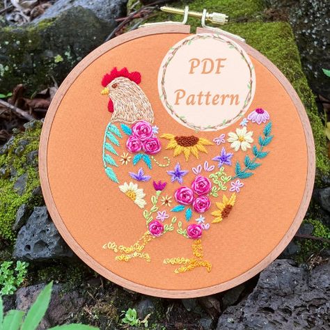 Chicken Hand Embroidery, Hen Embroidery, Hand Embroidered Chickens, Hen Embroidery Pattern, Embroidery Rooster, Farm Embroidery, Floral Farm, Hand Embroidery Patterns Free, Spring Chicken