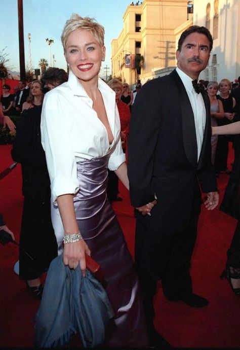 Sharon Stone — 1998 Sheer White Shirt, Plain White Shirt, Valentino Haute Couture, Venus Dresses, Sharon Stone, Formal Shirt, Iconic Dresses, Crisp White Shirt, Beaded Gown