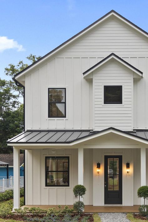 Three images of a two-story home that wears white Nichiha board and batten-style siding. The actual product is NichiPanel, which is installed easily and can be painted any  customer-applied color. A bright blue sky can be seen above the home as can immaculate landscaping. Board And Batten Exterior Walls, Exterior Siding Options Board And Batten, White Brick And Board And Batten House, Exterior Board And Batten Wall, Board And Batten And Lap Siding Exterior, Board And Batten And Stone Exterior, Board And Baton Exterior, Board And Batten Wall Exterior, Board And Batten House Exterior