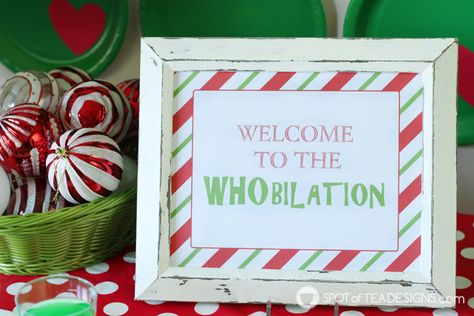 Grinch party printables, decorations and food ideas | spotofteadesigns.com Whobilation Party, A Grinch Christmas, Christmas Party Ideas For Teens, Ward Christmas Party, Holiday Party Ideas, Grinch Christmas Party, Adult Christmas Party, Whoville Christmas, Grinch Christmas Tree