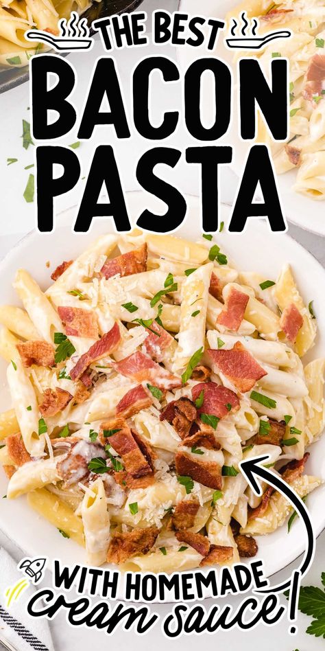 The combination of crunchy bacon and soft noodles topped off with a homemade, creamy cheese sauce is one of the best pasta combinations ever. Creamy Bacon Carbonara, Bacon Pasta Recipes, Bacon Carbonara, Creamy Cheese Sauce, Penne Pasta Recipes, Cream Sauce Pasta, Homemade Cheese Sauce, Chicken Bacon Ranch Casserole, Bacon Mac And Cheese