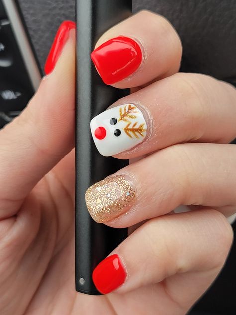 Christmas Nails Reindeer Red Nose, Rudolph The Red Nosed Reindeer Nails, Christmas Nails Rudolph, Rudolf Nails, Rudolph Nails, Christmas Acrylics, Reindeer Nails, Christmas Formal, Fake Nails Designs