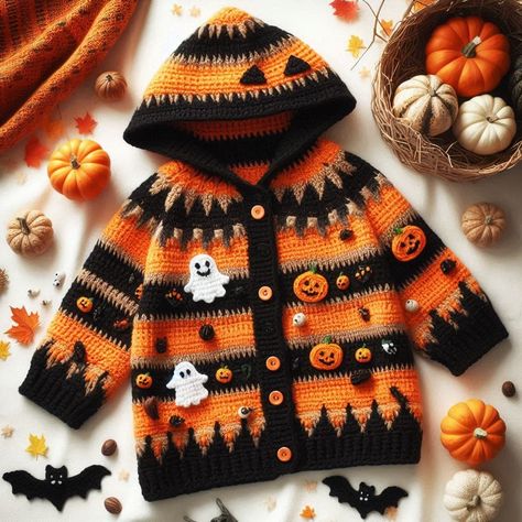 Craft a Halloween crochet cardigan with pumpkins, ghosts, and bats! This festive pattern is perfect for celebrating the spooky season in style. Kid Clothes, 1st Birthday Gifts, Crochet Clothing, Bunny Doll, Crochet Cardigan Pattern, Halloween Crochet, Cardigan Pattern, Crochet For Kids, Crochet Cardigan