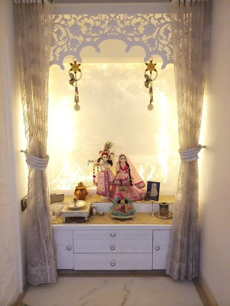 10 Latest & Best Pooja Room Colour Ideas With Pictures Puja Room Design, Pooja Area, Puja Room Ideas, Puja Unit, Mandir Decor, Mandir Ideas, Pooja Room Designs, Temple Ideas, Pooja Room Ideas