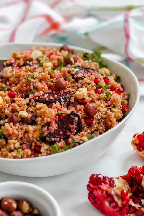 Roasted Beet Quinoa Pomegranate Salad | Up Beet Kitchen Quinoa Pomegranate Salad, Quinoa Pomegranate, Beet Quinoa, Beet Pesto, Hummus Pasta, Orange Vinaigrette, Pomegranate Salad, Beet Hummus, Beet Recipes