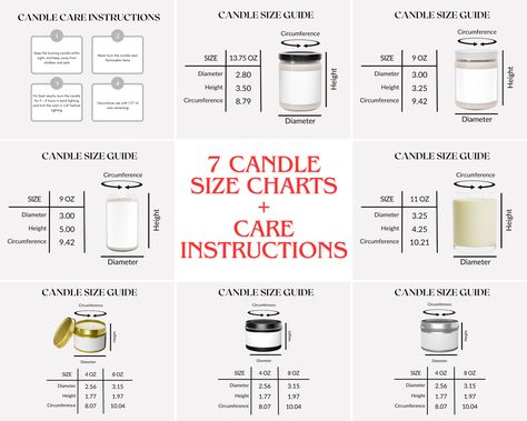 This is a DIGITAL DOWNLOAD Only for 8 Candle Size Charts + Care Instructions for: Black Lid Scented Soy Candle (Lumient), White Lid Scented Soy Candle, Tall Glass Scented Candle, Scented Candle - Full Glass by Seventh Avenue Apothecary, Gold Tin Can, Silver Tin Can, Black Tin Can and Care Instructions Mockup  - No physical products will be delivered DETAILS Are you tired of spending countless hours creating product listings from scratch? We understand the challenges that come with running a succ Candle Care Instructions, Candle Mockup, Candle Care, Candle Sizes, Candle Box, Cool Mugs, Tin Can, Scented Soy Candles, Soy Candle